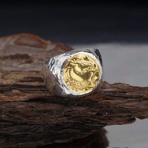 Omer Wild Horse Coin Men's Ring Handmade 925 k Silver Artisan Turkish Jewelry