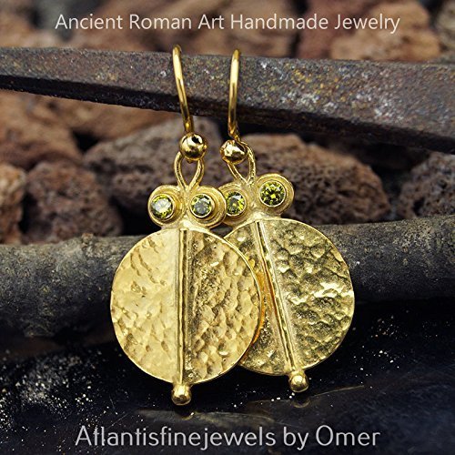 Omer  925 k Sterling Silver Green Peridot Hammered Gold Earrings Turkish Jewelry