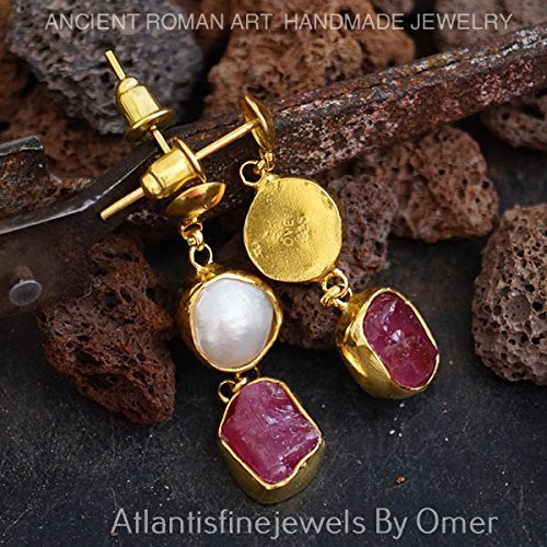 *MADE TO ORDER* 925 Silver Unique Raw Red Ruby & Pearl Designer Earrings By Omer