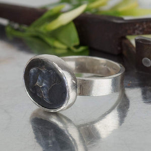 Omer Sterling Silver Handmade Flat Band Oxidized Bear Coin Signet Ring Turkish Jewelry