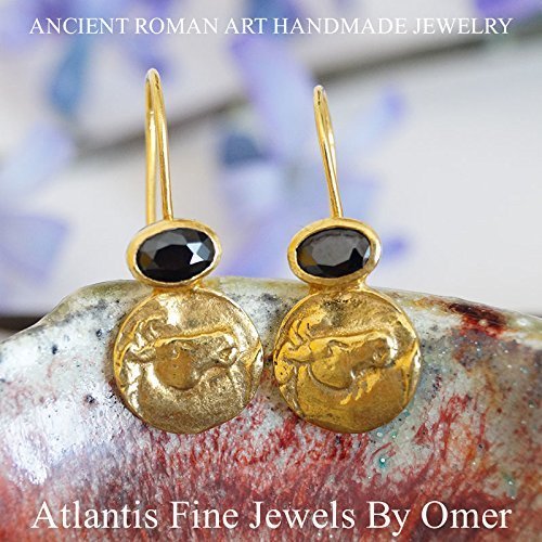 Horse Coin Earrings w/ Onyx 925 k Sterling Silver Roman Fine Jewelry By Omer