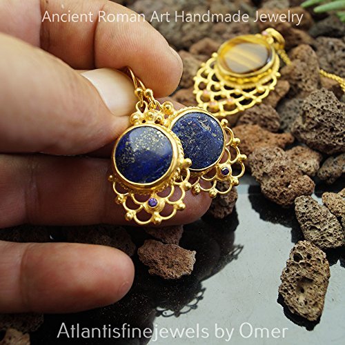 Peacock Handcrafted Turkish Lapis &Amethyst Earrings 24k Gold Over Sterling Silver By Omer Ancient Art