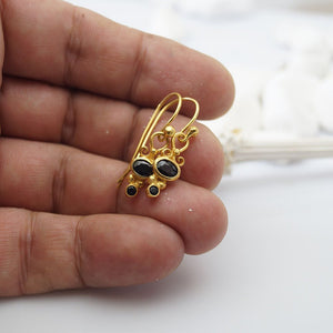 Handmade Designer Onyx Hook Earrings 24k Yellow Gold Over 925 k Sterling Silver