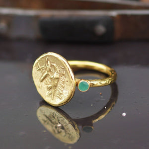 Hammered Handmade Ancient Falcon Coin Ring W/ Green Jade 24k Gold Over 925k Silv