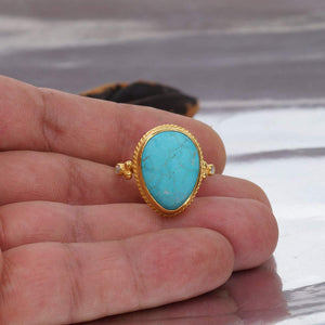 Omer 925 Silver Handmade Roman Art Drop Turquoise Gold Ring Artisan Jewelry