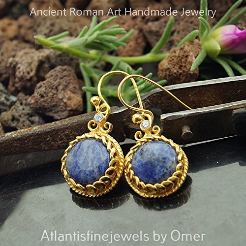 Anatolian Handcrafted Turkish Lapis Earrings 24k Gold Over 925 k Silver By Omer