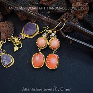 Ancient Arthandmade Coral Dangle Earrings By Omer 24 k Gold Over Sterling Silver