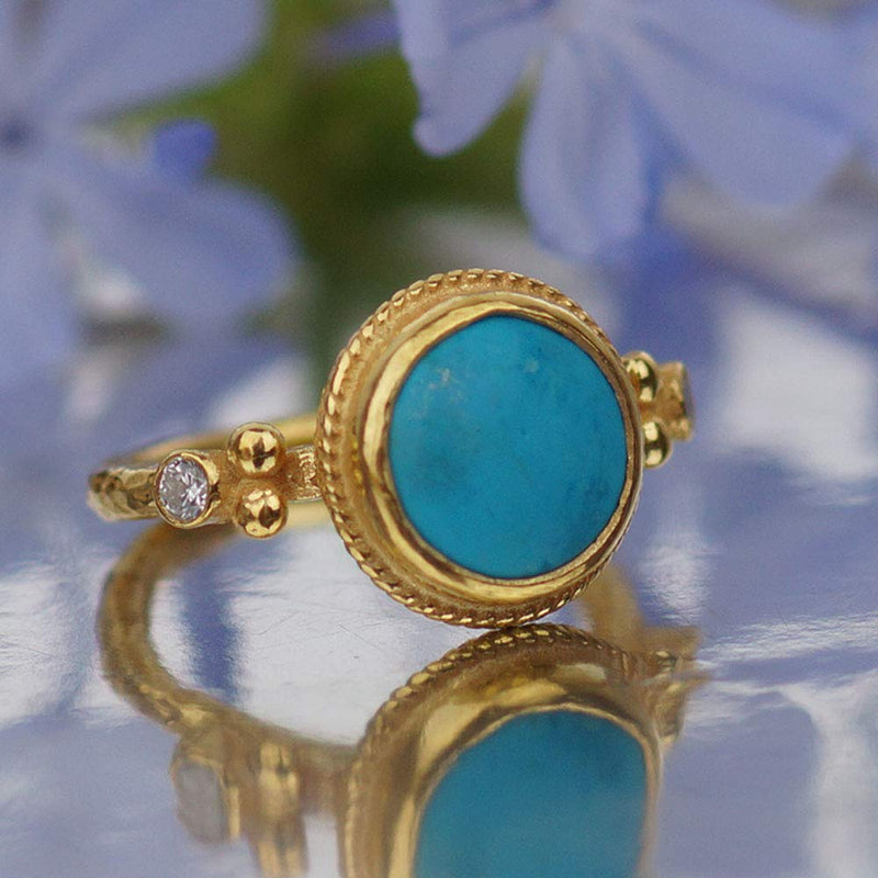 Hammered Turquoise & White Topaz Ring 24 k Gold Over 925 Sterling Silver By Omer