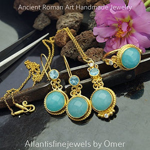 Roman Art Blue Topaz & Chalcedony Earrings 925 Sterling Silver 24k Gold Vermeil