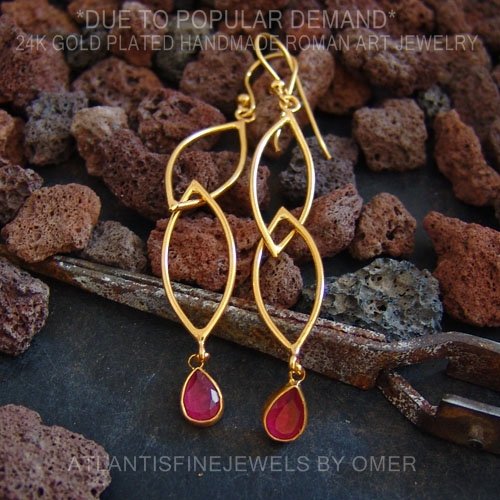 Turkish Ruby Earrings Handmade Designer Jewelry By Omer 925 Sterling Silver 24 k Yellow Gold Plated