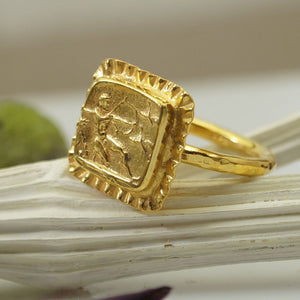 Sterling Silver 925k Roman Art Handmade Square Coin Ring By Omer 24k Gold Plated