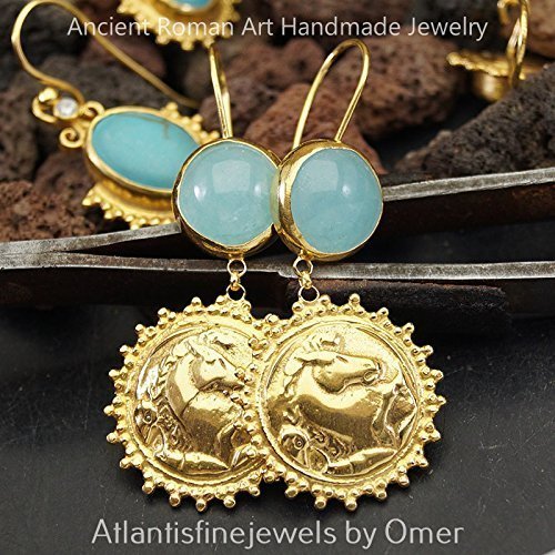 Turkish Bronze Coin Earrings Handmade Designer Jewelry By Omer 925 Sterling Silver 24 k Yellow Gold Plated