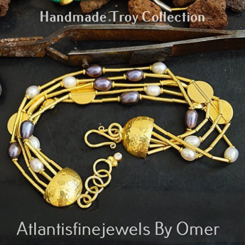 Roman Art Hammered Clasp Multi Strand Troy Bracelet W/ Pearls 24k Gold Over Ster
