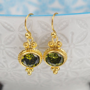 Omer 925 Sterling Silver Granulated Oval Green Peridot Handmade Gold Earrings