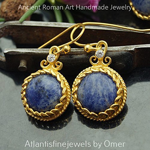 Turkish Lapis Earrings Handmade Designer Jewelry By Omer 925 Sterling Silver 24 k Yellow Gold Plated