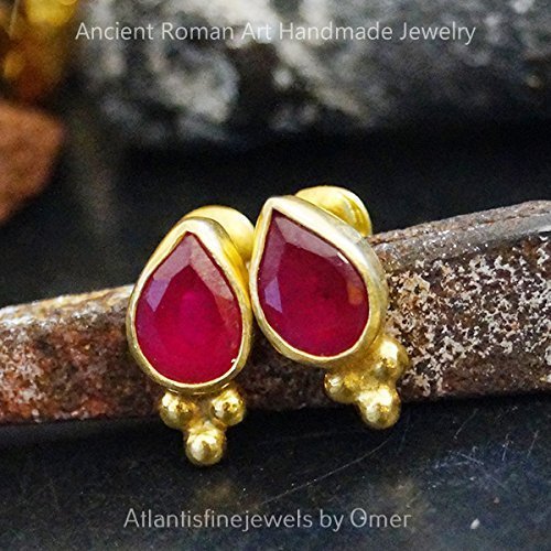 Turkish Ruby Earrings Handmade Designer Jewelry By Omer 925 Sterling Silver 24 k Yellow Gold Plated