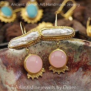 Omer Handmade 925 k Silver Pearl & Pink Quartz Gemstone Earrings Turkish Jewelry