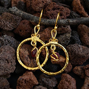 Omer 925 Silver Hammered Cirle Earrings W/ Raw Ruby Charm 24k Yellow Gold Plated
