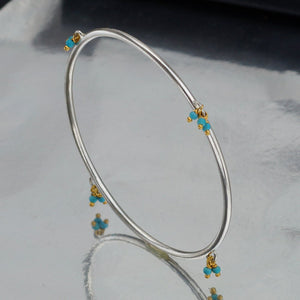 Sterling Silver 925k Handmade Bangle W/ Round Turquoise Charms Turkish Jewelry