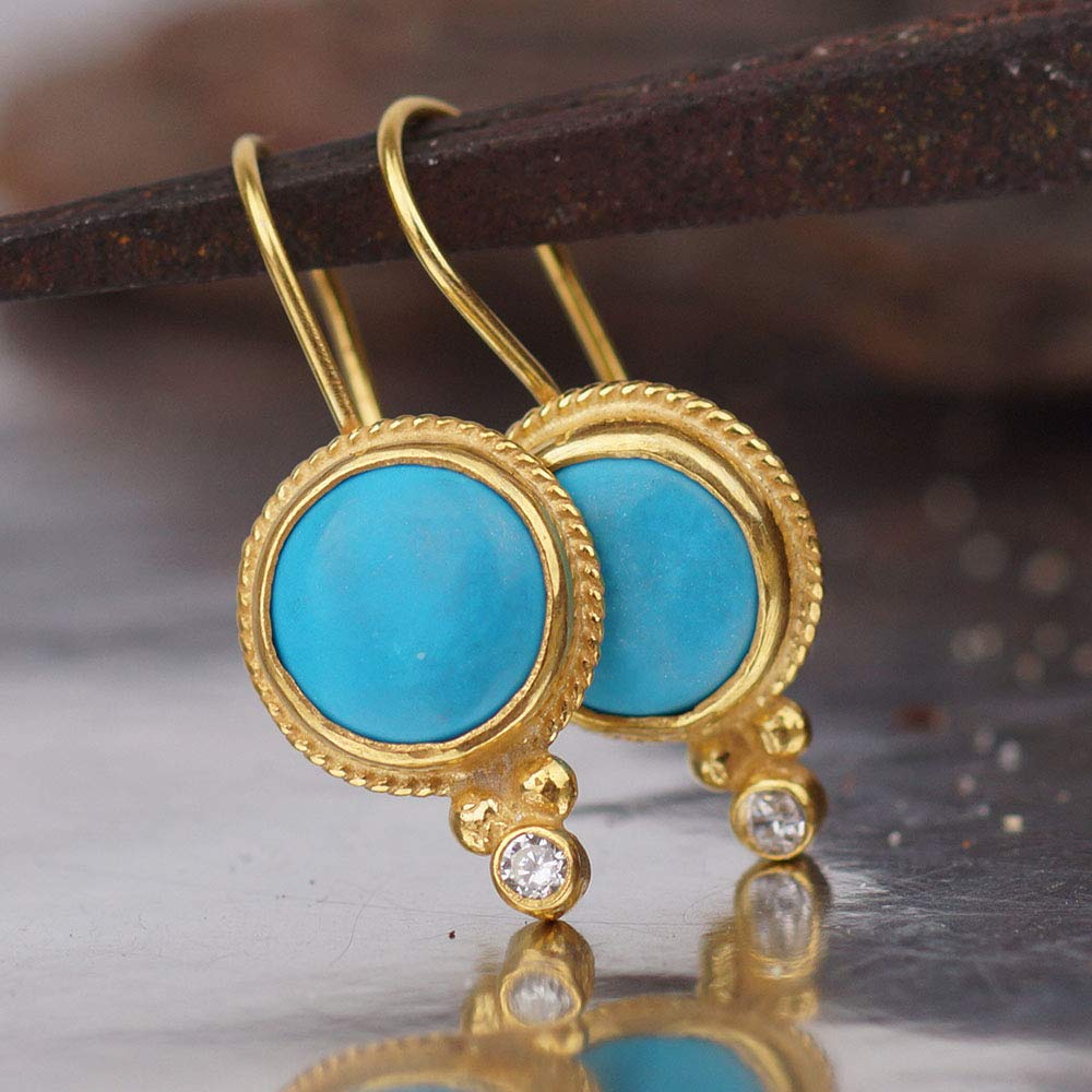 Turkish Turquoise Earrings Handmade Designer Jewelry By Omer 925 Sterling Silver 24 k Yellow Gold Plated