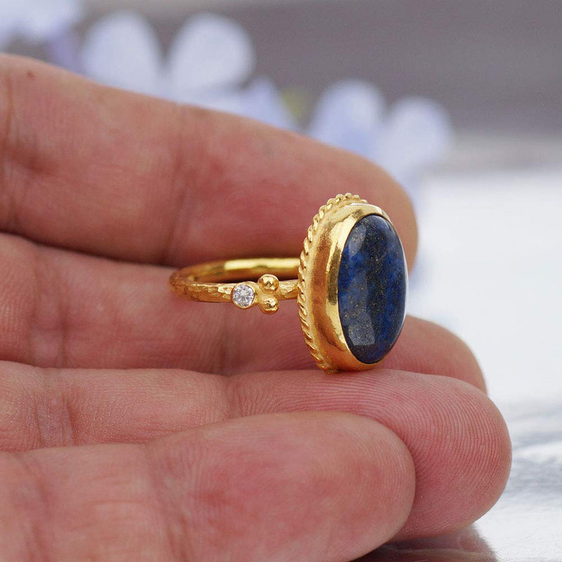 Turkish Hammered Lapis Lazuli Ring 925 Sterling Silver 24 k Yellow Gold Plated
