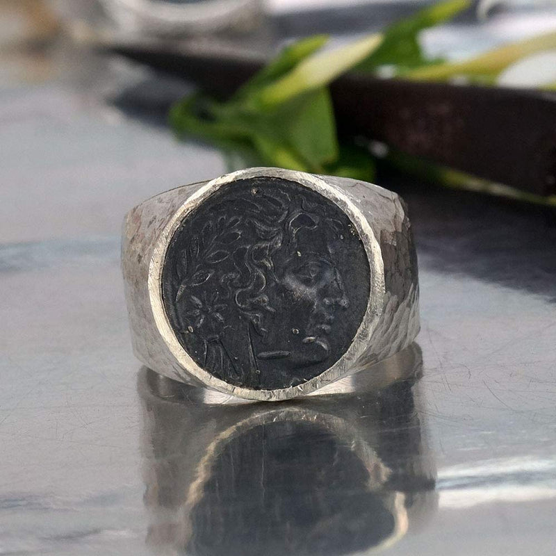 Omer  925 k Silver Blackened Alexander Coin Handmade Men's Ring Turkish Jewelry