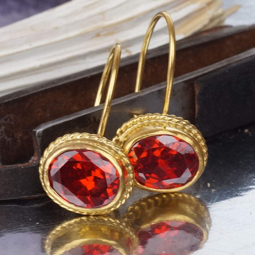 Turkish Garnet Earrings Handmade Designer Jewelry By Omer 925 Sterling Silver 24 k Yellow Gold Plated