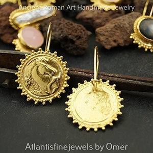 925 Sterling Silver Sun Collection Horse Coin Roman Art Earrings 24k Yellow Gold