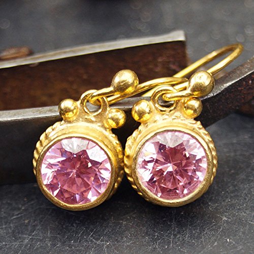 Turkish Pink Topaz Earrings Handmade Designer Jewelry By Omer 925 Sterling Silver 24 k Yellow Gold Plated