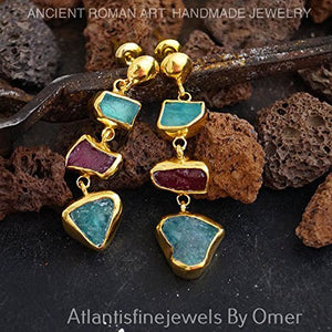 Omer 925 k Silver Unique Raw Red Ruby & Apatite Turkish Dangle Gold Earrings