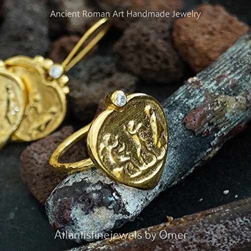 Sterling Silver 925k Handmade White Topaz Heart Coin Ring By Omer 24k Gold over