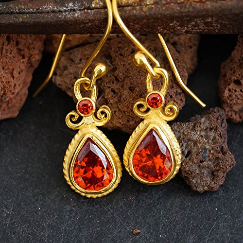 Turkish Garnet Earrings Handmade Designer Jewelry By Omer 925 Sterling Silver 24 k Yellow Gold Plated