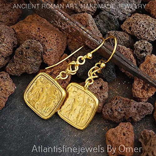 Turkish Bronze Coin Earrings Handmade Designer Jewelry By Omer 925 Sterling Silver 24 k Yellow Gold Plated