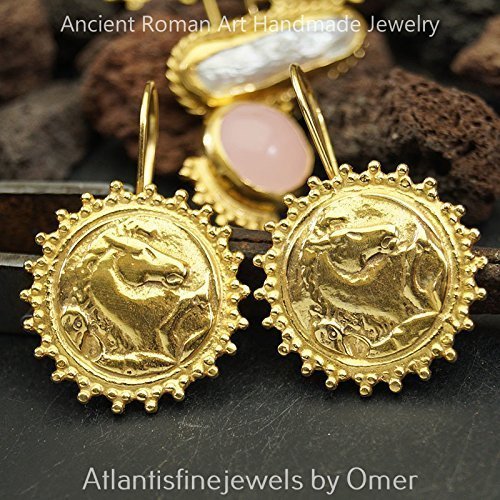 Turkish Horse Coin Earrings Handmade Designer Jewelry By Omer 925 Sterling Silver 24 k Yellow Gold Plated