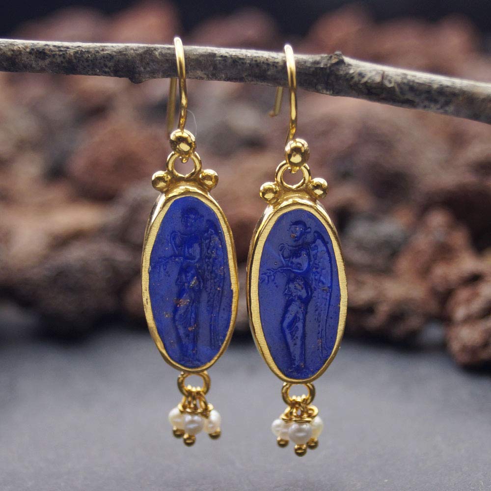  Turkish Blue Intaglio Earrings Handmade Designer Jewelry By Omer 925 Sterling Silver 24 k Yellow Gold Plated