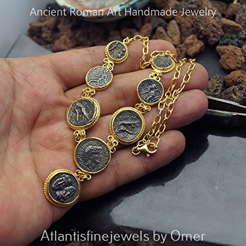 Sterling Silver Handmade Large Oxidized Coin Necklace By Omer 24 k Gold Vermeil