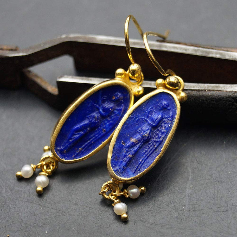 *MADE TO ORDER* 925 Silver Cobalt Blue Angel Intaglio & Pearl Dangle Earrings