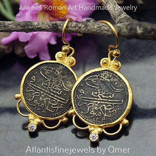 Handmade Large Ottoman Script Coin Earrings By Omer 24k Gold Over 925 k Silver