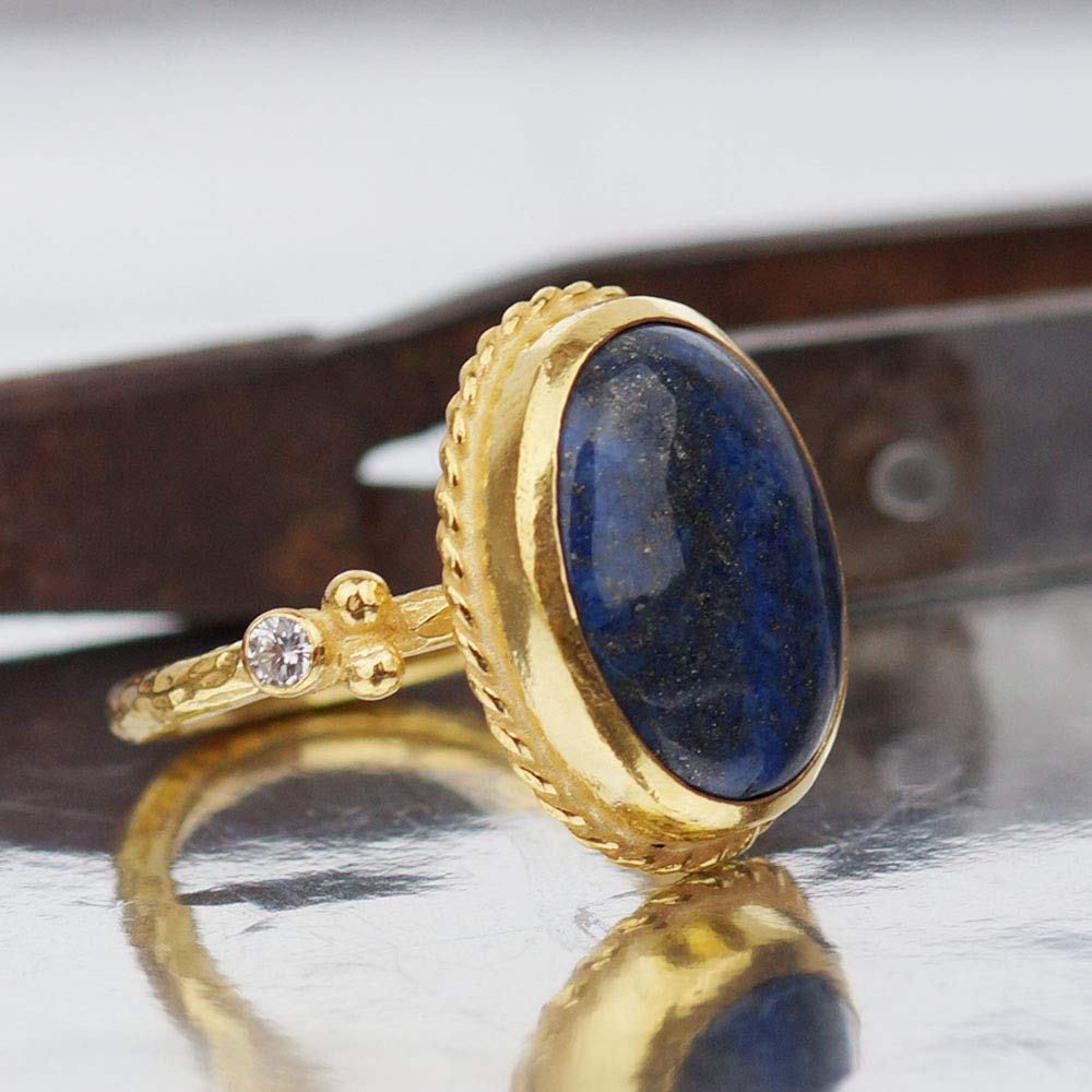 Turkish Lapis Ring Handmade Designer Jewelry By Omer 925 Sterling Silver 24 k Yellow Gold Plated