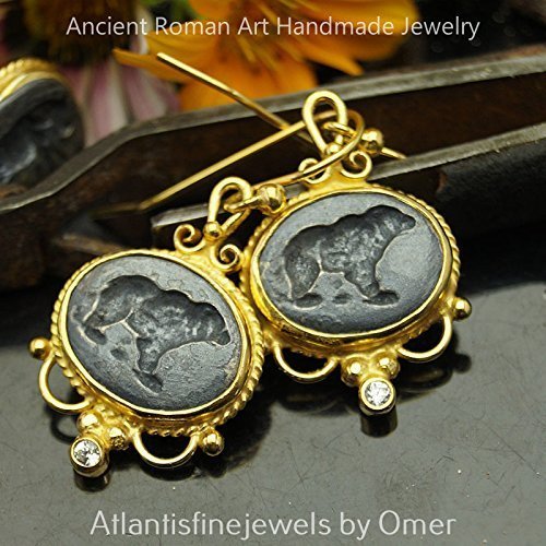 Turkish Bear Oxidized Coin Earrings Handmade Designer Jewelry By Omer 925 Sterling Silver 24 k Yellow Gold Plated