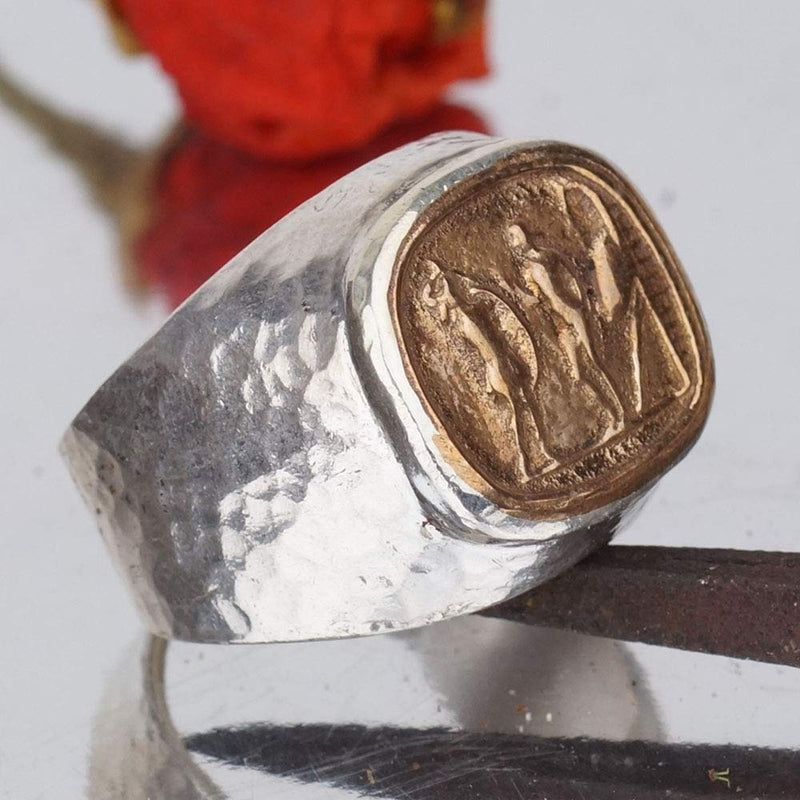 Hammered Handmade Sterling Silver 2 Tone Men's Coin Ring Turkish  Signet Jewelry