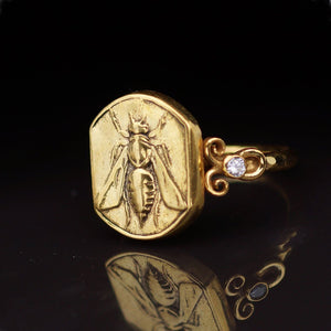 Bee Coin Ring W/ White Topaz 925 k Silver Roman Art Handmade 24k Gold Plated