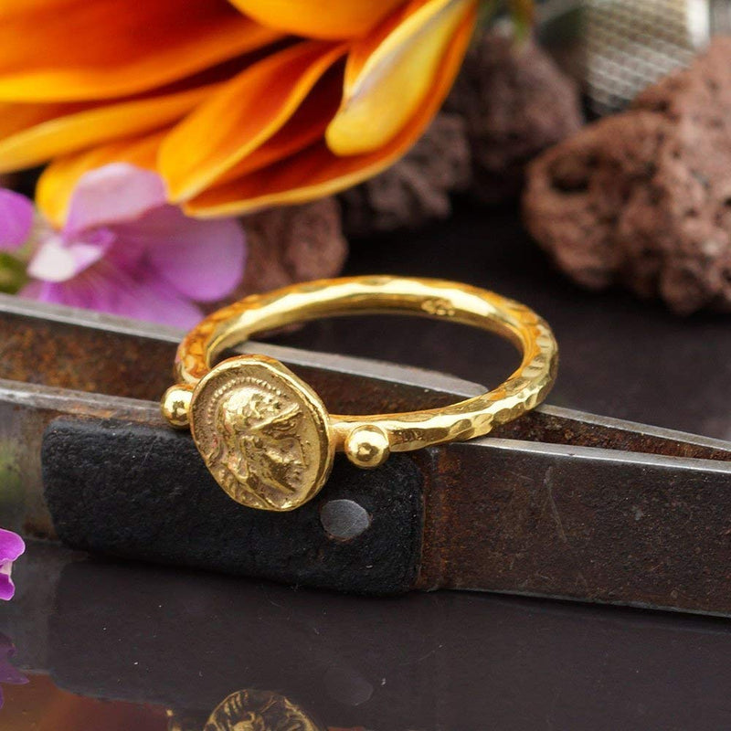 Sterling Silver 925k Roman Art Handmade Round Coin Ring By Omer 24k Gold Vermeil