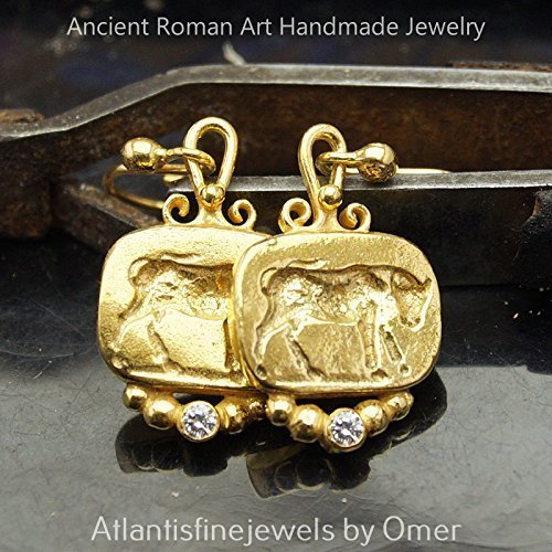 Bull Coin Earrings 925k Silver Roman Art Jewelry By Omer 24k Yellow Gold Vermeil
