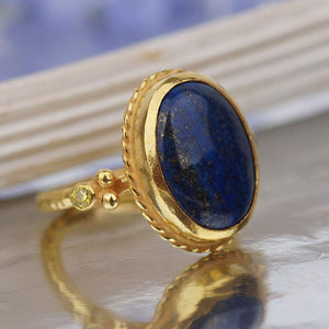 925 Silver Lapis & Canary Yellow Topaz Ancient Handmade Ring By Omer 24 k Gold V