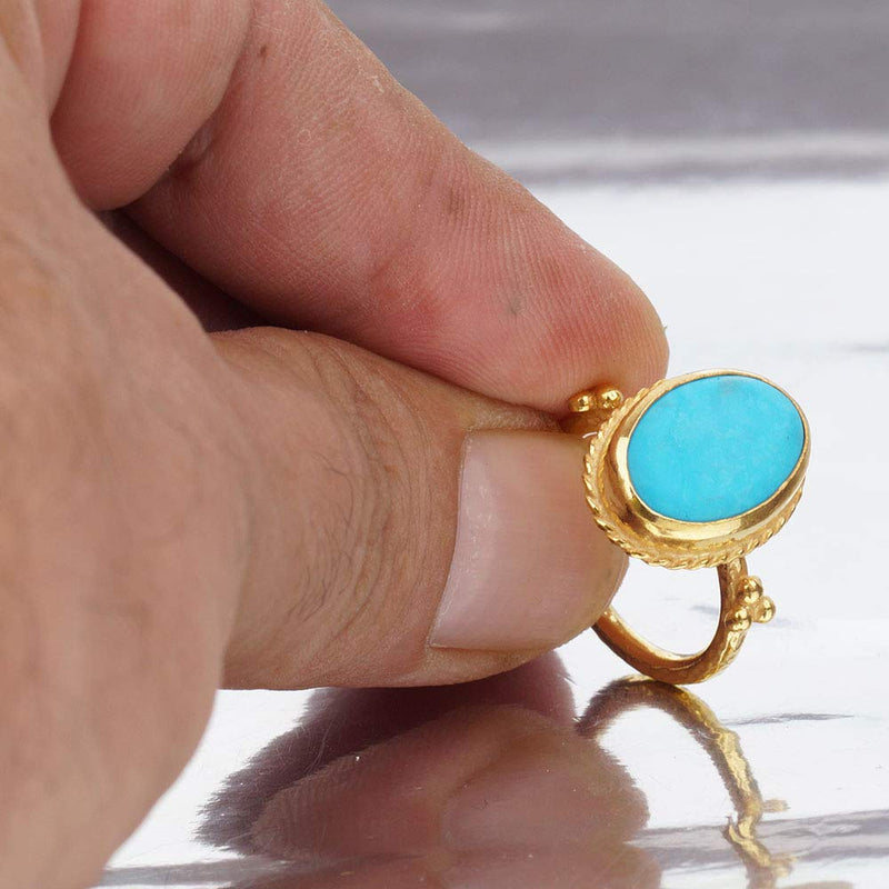 Roman Art Turquoise Ring 24 k Gold Over 925 Sterling Silver By Omer Turkish Fine Jewelry