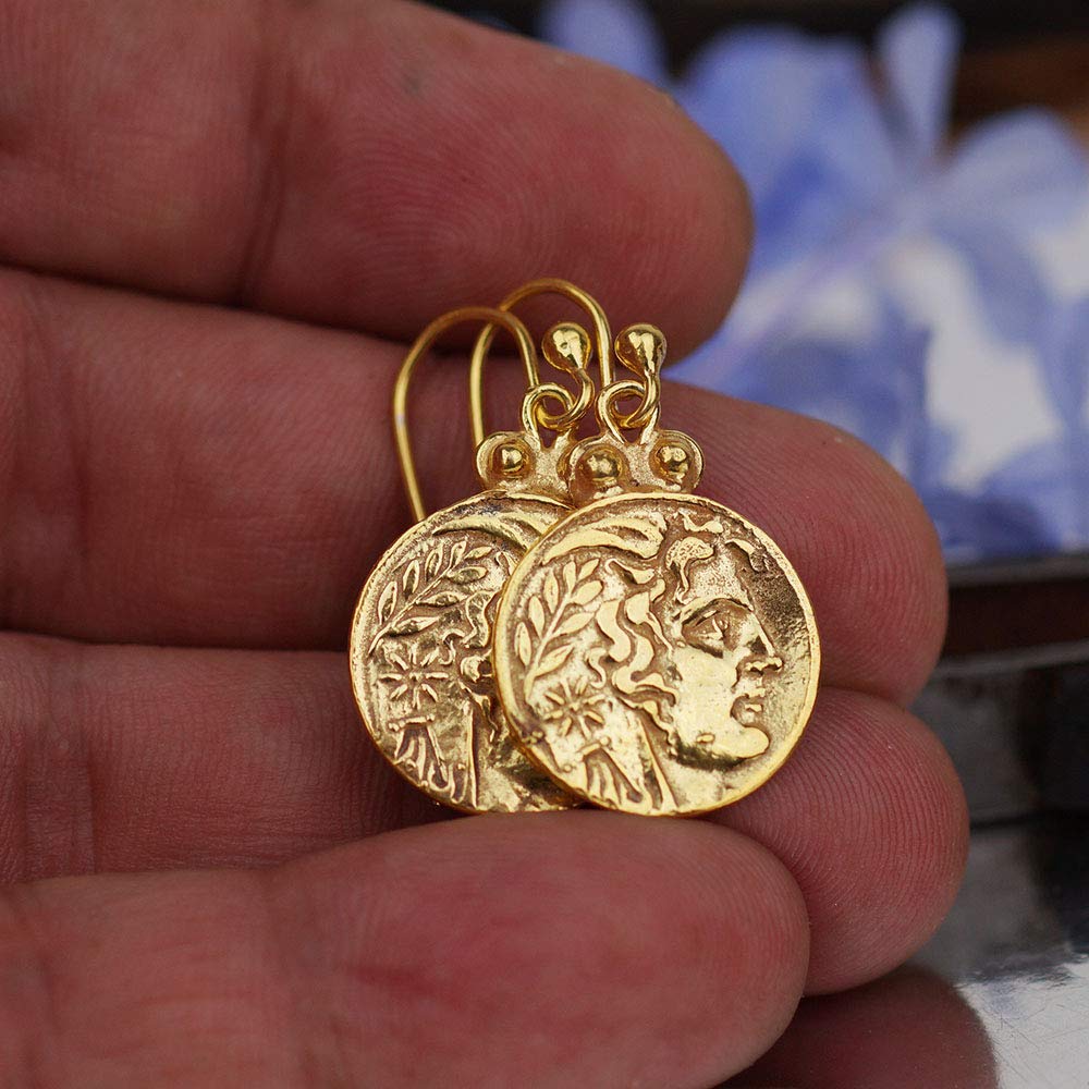 Omer 925 Sterling Silver Alexander Coin Handmade Hook Earrings Ancient Jewelry Yellow Gold Plated