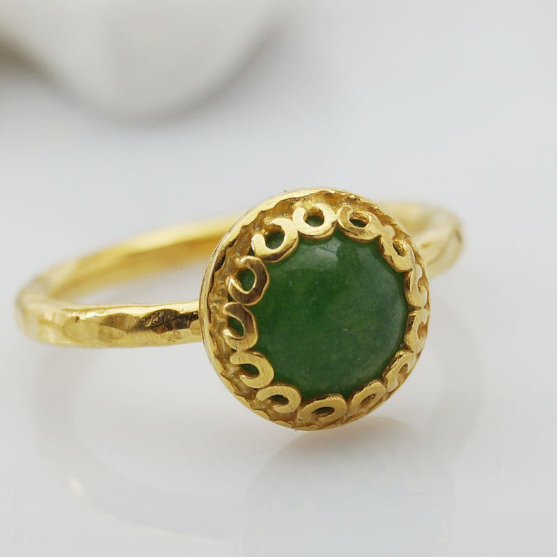 Sterling Silver 925k Roman Art Handmade Green Jade Stack Ring 24k Gold Over By O