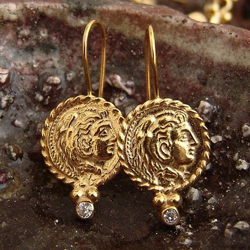 Turkish Bronze Coin Earrings Handmade Designer Jewelry By Omer 925 Sterling Silver 24 k Yellow Gold Plated