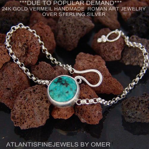 925k Sterling Silver Handmade Designer Link Bracelet W/Turquoise By Omer
